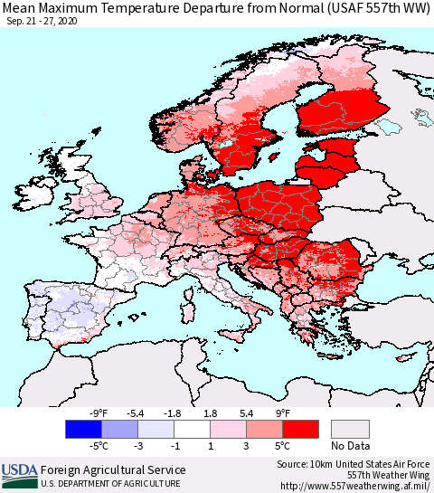 Europe Mean Maximum Temperature Departure from Normal (USAF 557th WW) Thematic Map For 9/21/2020 - 9/27/2020