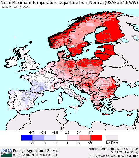 Europe Mean Maximum Temperature Departure from Normal (USAF 557th WW) Thematic Map For 9/28/2020 - 10/4/2020