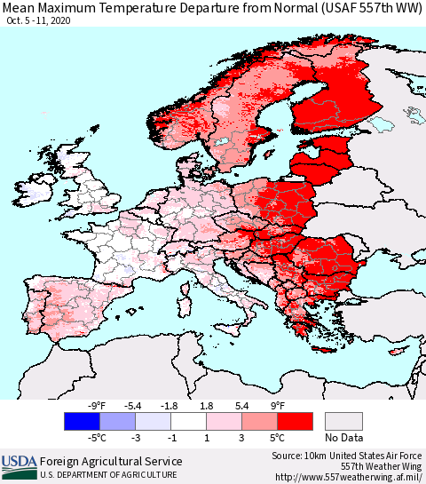Europe Mean Maximum Temperature Departure from Normal (USAF 557th WW) Thematic Map For 10/5/2020 - 10/11/2020
