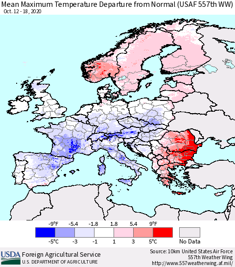 Europe Mean Maximum Temperature Departure from Normal (USAF 557th WW) Thematic Map For 10/12/2020 - 10/18/2020