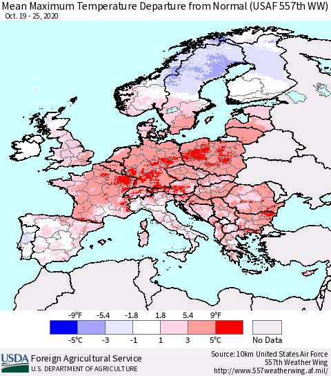 Europe Mean Maximum Temperature Departure from Normal (USAF 557th WW) Thematic Map For 10/19/2020 - 10/25/2020