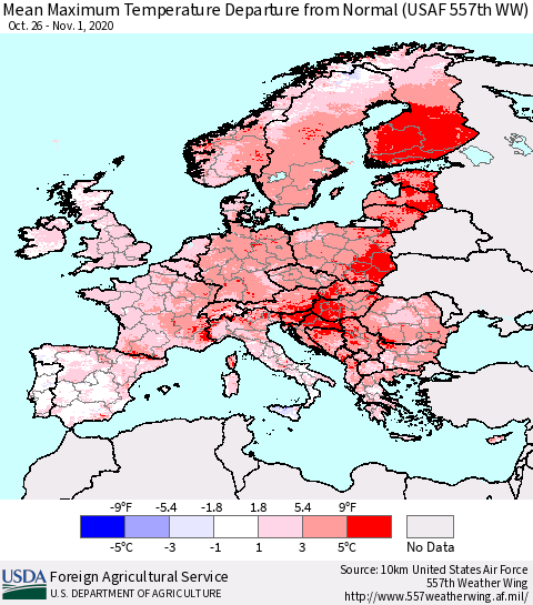 Europe Mean Maximum Temperature Departure from Normal (USAF 557th WW) Thematic Map For 10/26/2020 - 11/1/2020
