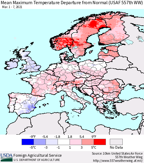 Europe Mean Maximum Temperature Departure from Normal (USAF 557th WW) Thematic Map For 3/1/2021 - 3/7/2021