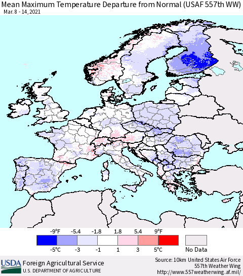Europe Mean Maximum Temperature Departure from Normal (USAF 557th WW) Thematic Map For 3/8/2021 - 3/14/2021