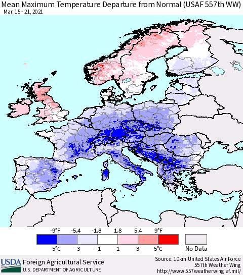 Europe Mean Maximum Temperature Departure from Normal (USAF 557th WW) Thematic Map For 3/15/2021 - 3/21/2021