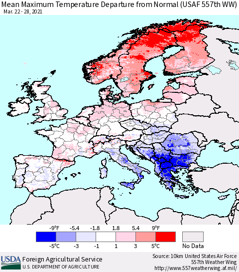 Europe Mean Maximum Temperature Departure from Normal (USAF 557th WW) Thematic Map For 3/22/2021 - 3/28/2021