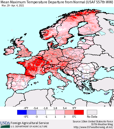 Europe Mean Maximum Temperature Departure from Normal (USAF 557th WW) Thematic Map For 3/29/2021 - 4/4/2021