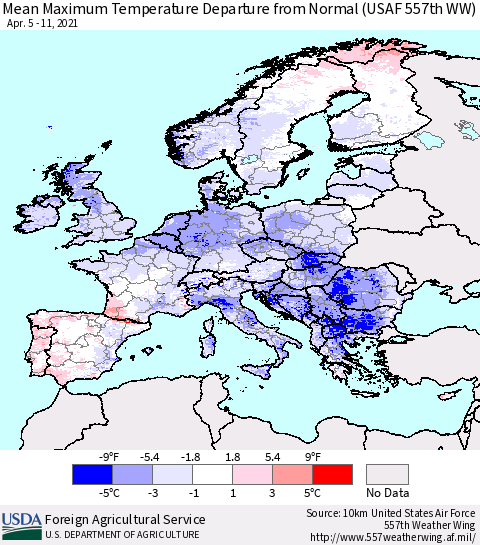 Europe Mean Maximum Temperature Departure from Normal (USAF 557th WW) Thematic Map For 4/5/2021 - 4/11/2021