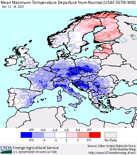 Europe Mean Maximum Temperature Departure from Normal (USAF 557th WW) Thematic Map For 4/12/2021 - 4/18/2021
