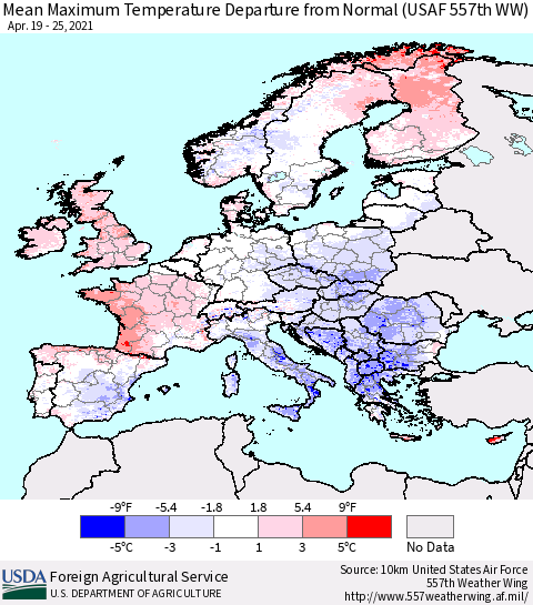 Europe Mean Maximum Temperature Departure from Normal (USAF 557th WW) Thematic Map For 4/19/2021 - 4/25/2021