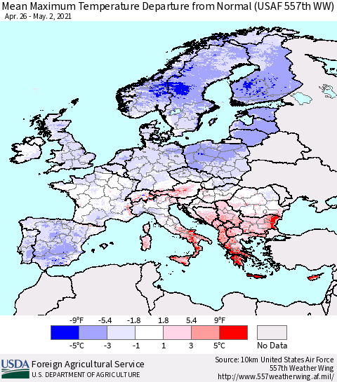 Europe Mean Maximum Temperature Departure from Normal (USAF 557th WW) Thematic Map For 4/26/2021 - 5/2/2021