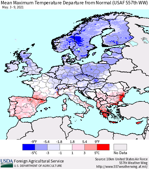 Europe Mean Maximum Temperature Departure from Normal (USAF 557th WW) Thematic Map For 5/3/2021 - 5/9/2021