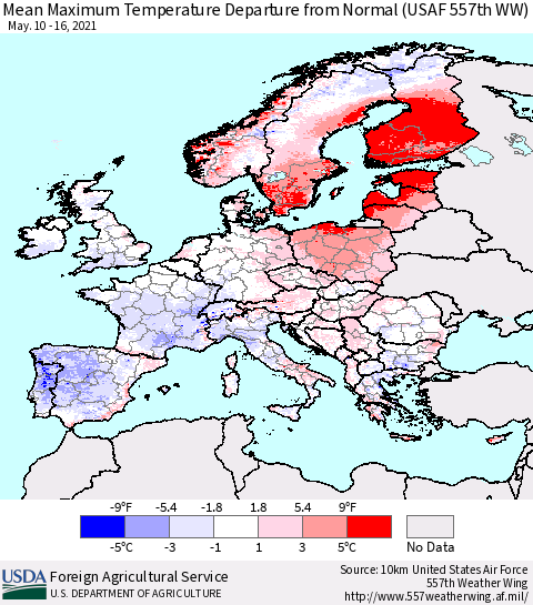 Europe Mean Maximum Temperature Departure from Normal (USAF 557th WW) Thematic Map For 5/10/2021 - 5/16/2021