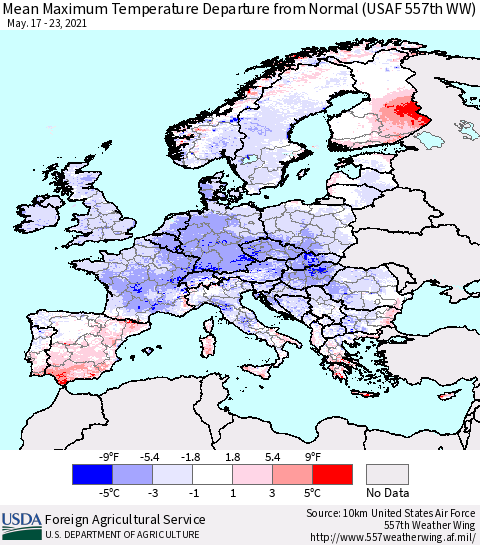 Europe Mean Maximum Temperature Departure from Normal (USAF 557th WW) Thematic Map For 5/17/2021 - 5/23/2021