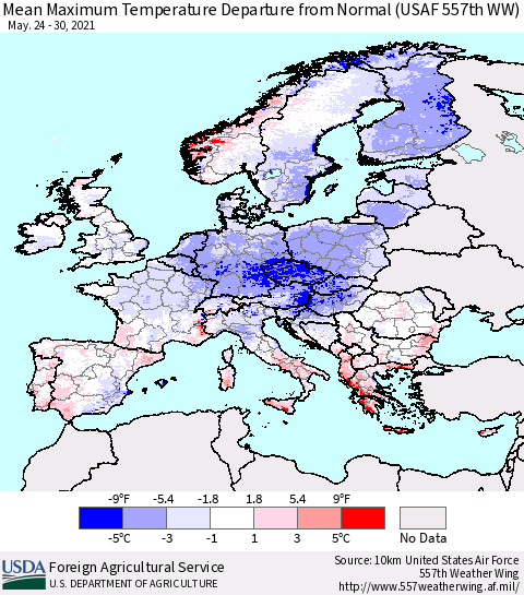 Europe Mean Maximum Temperature Departure from Normal (USAF 557th WW) Thematic Map For 5/24/2021 - 5/30/2021