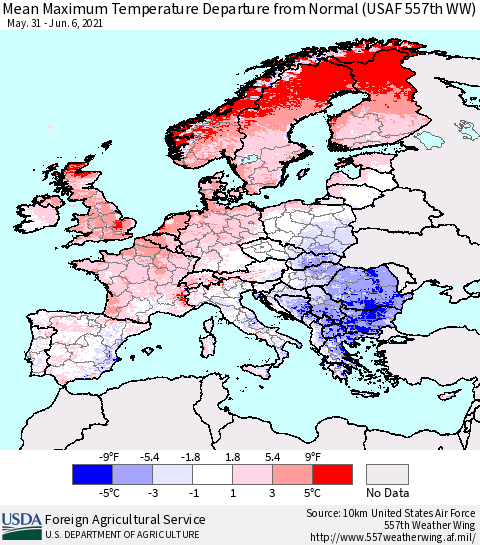 Europe Mean Maximum Temperature Departure from Normal (USAF 557th WW) Thematic Map For 5/31/2021 - 6/6/2021
