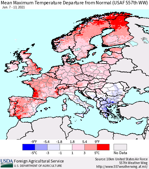 Europe Mean Maximum Temperature Departure from Normal (USAF 557th WW) Thematic Map For 6/7/2021 - 6/13/2021