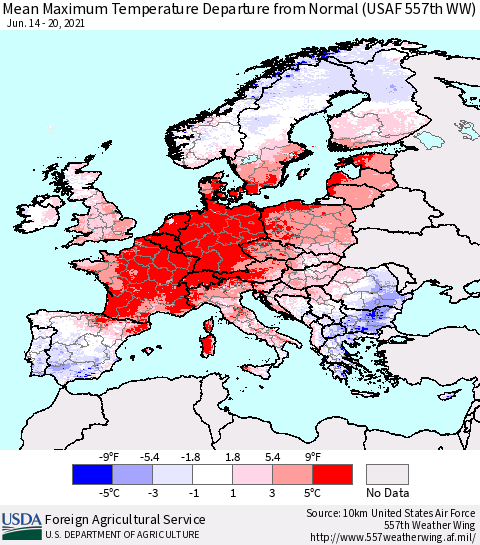 Europe Mean Maximum Temperature Departure from Normal (USAF 557th WW) Thematic Map For 6/14/2021 - 6/20/2021