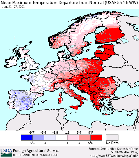 Europe Mean Maximum Temperature Departure from Normal (USAF 557th WW) Thematic Map For 6/21/2021 - 6/27/2021