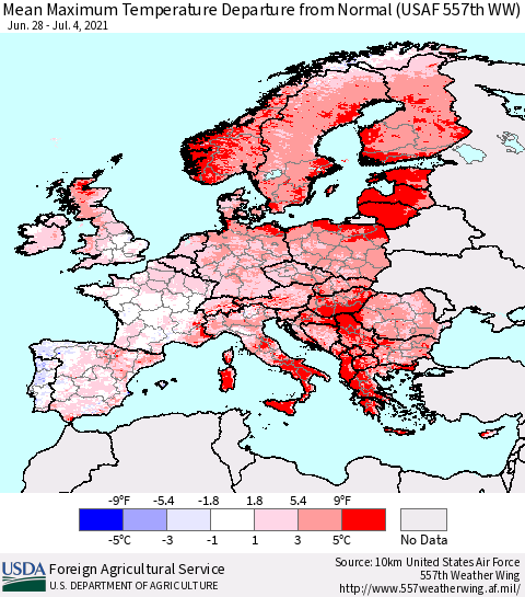 Europe Mean Maximum Temperature Departure from Normal (USAF 557th WW) Thematic Map For 6/28/2021 - 7/4/2021