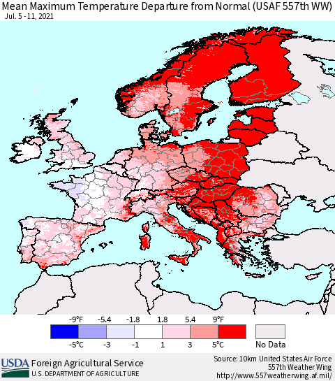 Europe Mean Maximum Temperature Departure from Normal (USAF 557th WW) Thematic Map For 7/5/2021 - 7/11/2021