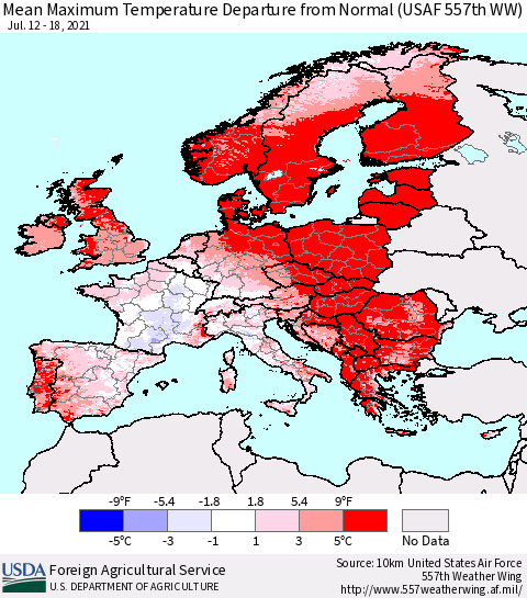 Europe Mean Maximum Temperature Departure from Normal (USAF 557th WW) Thematic Map For 7/12/2021 - 7/18/2021