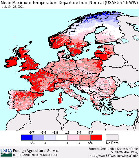 Europe Mean Maximum Temperature Departure from Normal (USAF 557th WW) Thematic Map For 7/19/2021 - 7/25/2021