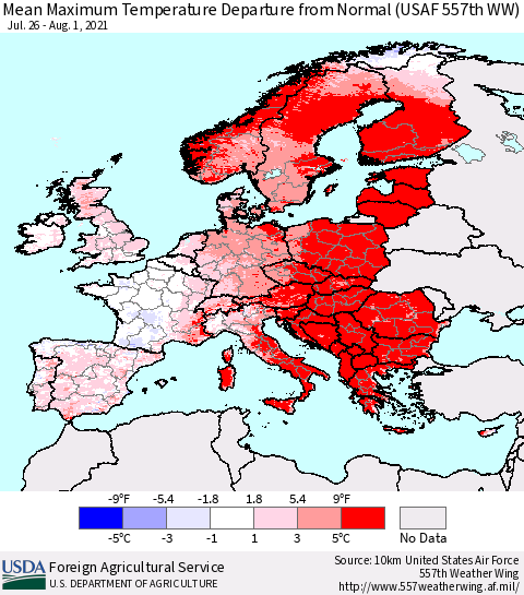 Europe Mean Maximum Temperature Departure from Normal (USAF 557th WW) Thematic Map For 7/26/2021 - 8/1/2021