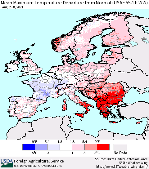 Europe Mean Maximum Temperature Departure from Normal (USAF 557th WW) Thematic Map For 8/2/2021 - 8/8/2021