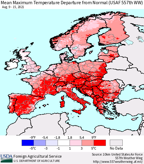 Europe Mean Maximum Temperature Departure from Normal (USAF 557th WW) Thematic Map For 8/9/2021 - 8/15/2021