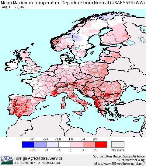 Europe Mean Maximum Temperature Departure from Normal (USAF 557th WW) Thematic Map For 8/16/2021 - 8/22/2021
