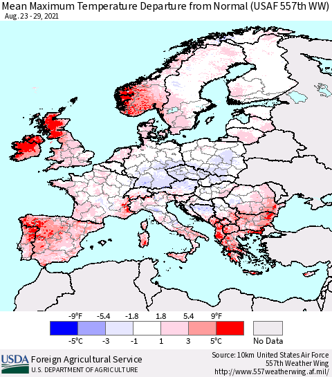 Europe Mean Maximum Temperature Departure from Normal (USAF 557th WW) Thematic Map For 8/23/2021 - 8/29/2021