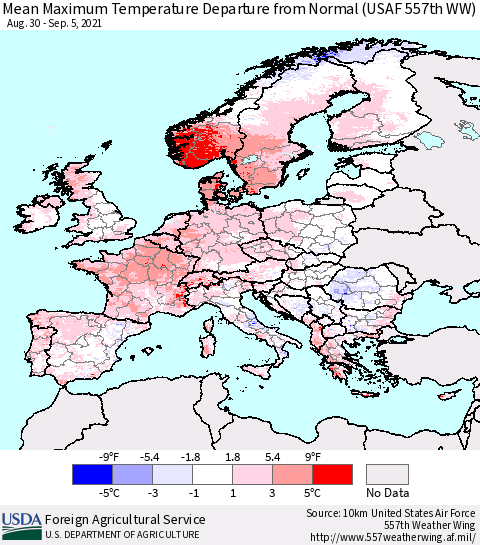 Europe Mean Maximum Temperature Departure from Normal (USAF 557th WW) Thematic Map For 8/30/2021 - 9/5/2021