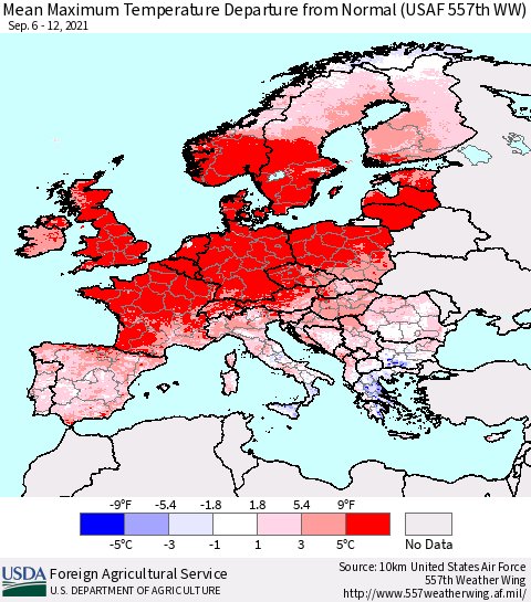 Europe Mean Maximum Temperature Departure from Normal (USAF 557th WW) Thematic Map For 9/6/2021 - 9/12/2021