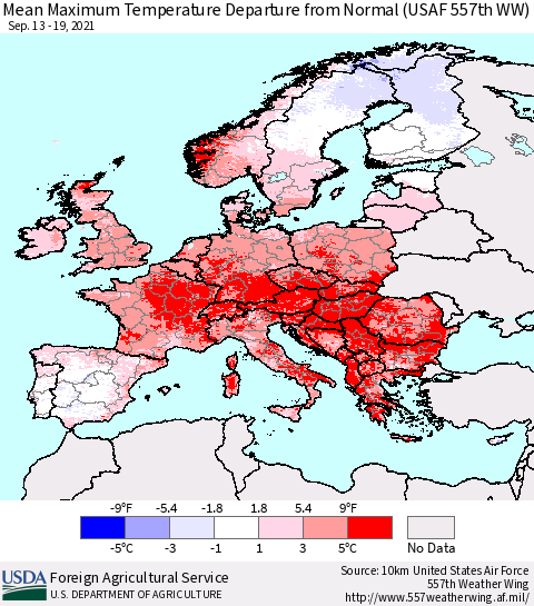 Europe Mean Maximum Temperature Departure from Normal (USAF 557th WW) Thematic Map For 9/13/2021 - 9/19/2021
