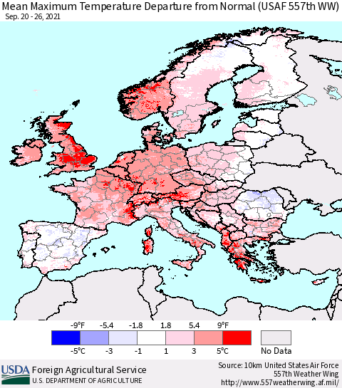 Europe Mean Maximum Temperature Departure from Normal (USAF 557th WW) Thematic Map For 9/20/2021 - 9/26/2021