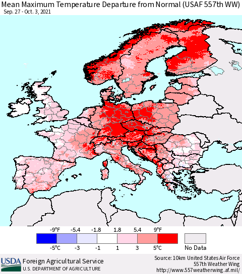 Europe Mean Maximum Temperature Departure from Normal (USAF 557th WW) Thematic Map For 9/27/2021 - 10/3/2021