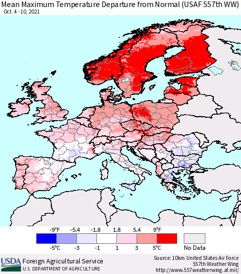 Europe Mean Maximum Temperature Departure from Normal (USAF 557th WW) Thematic Map For 10/4/2021 - 10/10/2021
