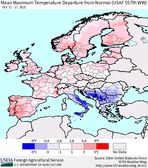 Europe Mean Maximum Temperature Departure from Normal (USAF 557th WW) Thematic Map For 10/11/2021 - 10/17/2021