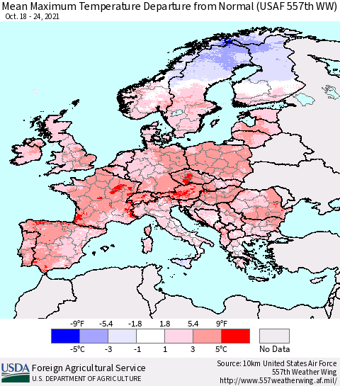 Europe Mean Maximum Temperature Departure from Normal (USAF 557th WW) Thematic Map For 10/18/2021 - 10/24/2021