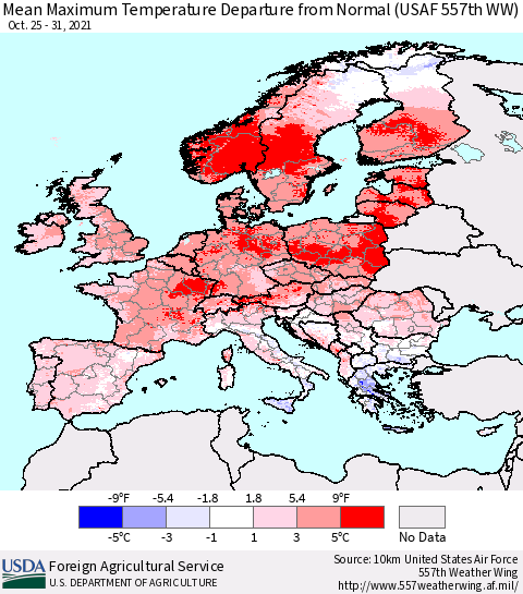 Europe Mean Maximum Temperature Departure from Normal (USAF 557th WW) Thematic Map For 10/25/2021 - 10/31/2021