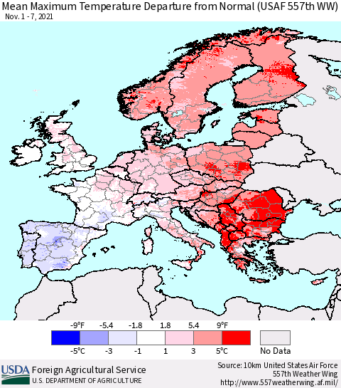 Europe Mean Maximum Temperature Departure from Normal (USAF 557th WW) Thematic Map For 11/1/2021 - 11/7/2021