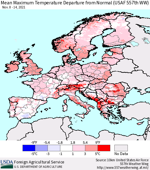 Europe Mean Maximum Temperature Departure from Normal (USAF 557th WW) Thematic Map For 11/8/2021 - 11/14/2021