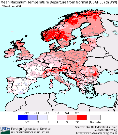 Europe Mean Maximum Temperature Departure from Normal (USAF 557th WW) Thematic Map For 11/15/2021 - 11/21/2021