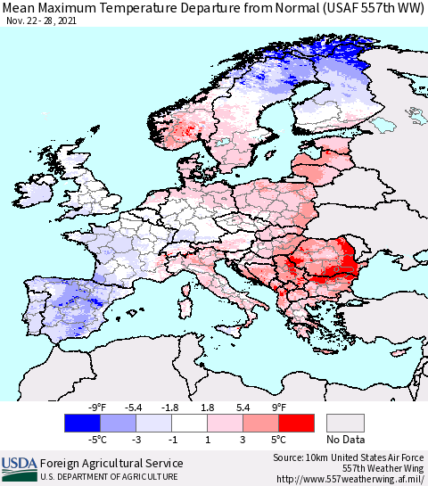 Europe Mean Maximum Temperature Departure from Normal (USAF 557th WW) Thematic Map For 11/22/2021 - 11/28/2021