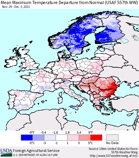 Europe Mean Maximum Temperature Departure from Normal (USAF 557th WW) Thematic Map For 11/29/2021 - 12/5/2021