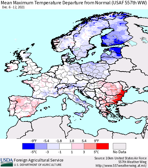Europe Mean Maximum Temperature Departure from Normal (USAF 557th WW) Thematic Map For 12/6/2021 - 12/12/2021