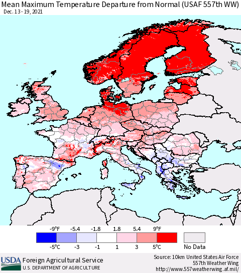 Europe Mean Maximum Temperature Departure from Normal (USAF 557th WW) Thematic Map For 12/13/2021 - 12/19/2021