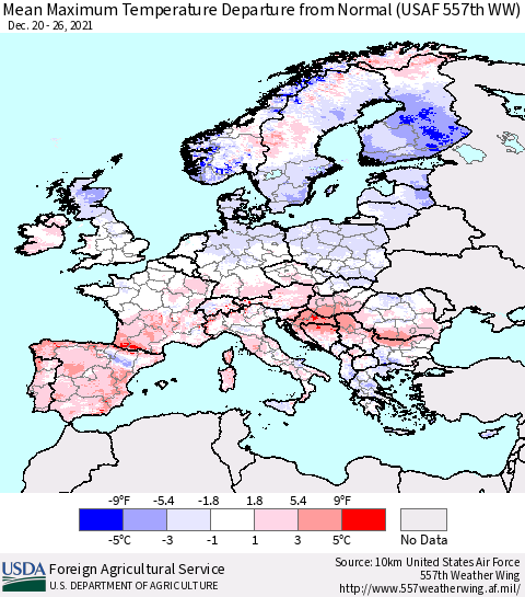 Europe Mean Maximum Temperature Departure from Normal (USAF 557th WW) Thematic Map For 12/20/2021 - 12/26/2021