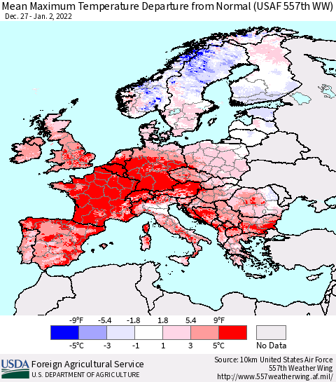 Europe Mean Maximum Temperature Departure from Normal (USAF 557th WW) Thematic Map For 12/27/2021 - 1/2/2022